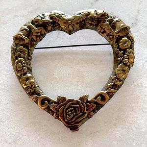 Vintage JJ Brass Floral Heart Brooch